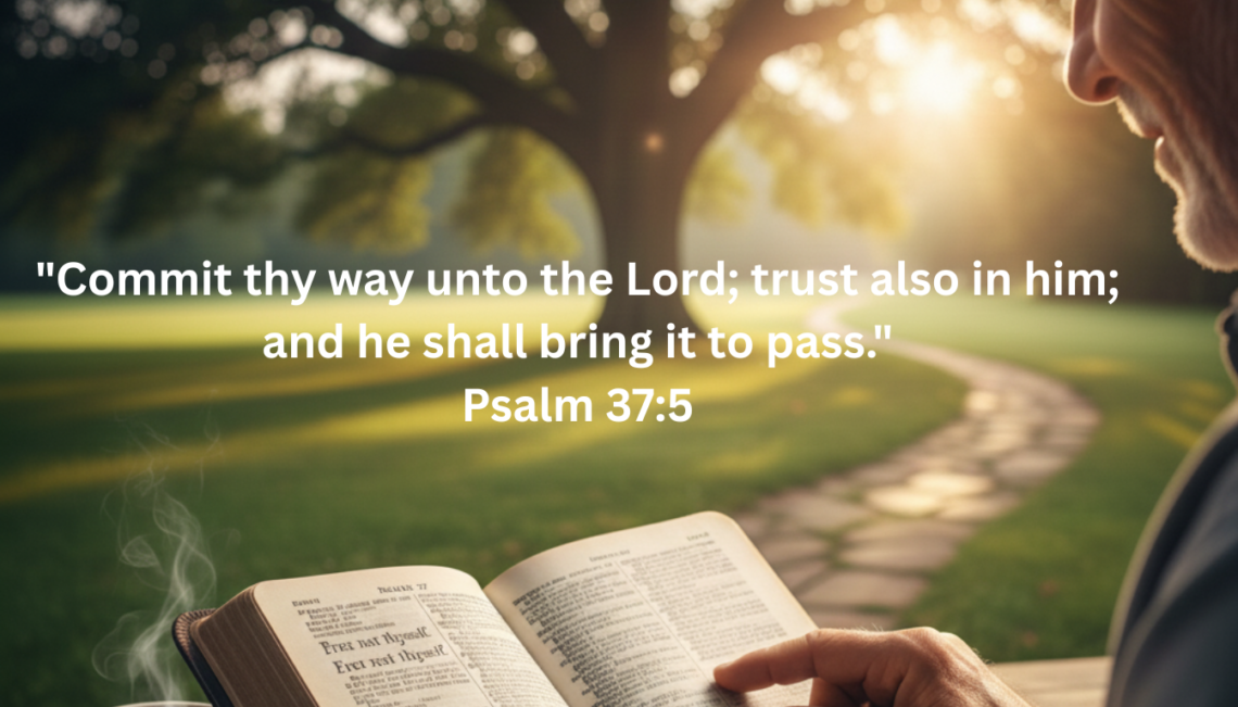 "A person reading Psalm 37 from a KJV Bible in a peaceful garden with a winding stone path, symbolizing God ordering the steps of the righteous."