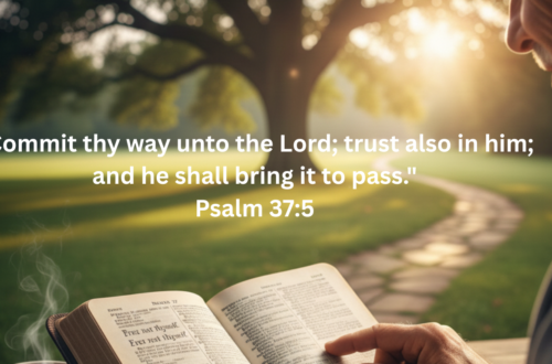 "A person reading Psalm 37 from a KJV Bible in a peaceful garden with a winding stone path, symbolizing God ordering the steps of the righteous."