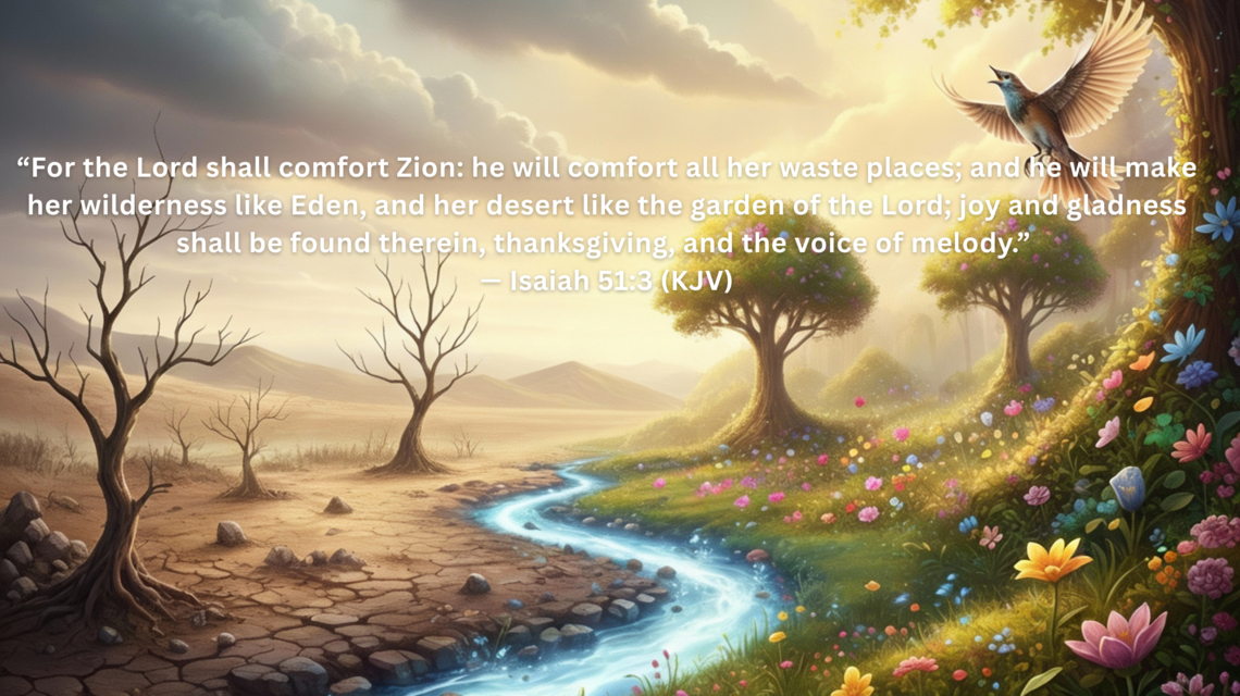 "Illustration of a desert blooming like a garden, representing God's comfort in Isaiah 51:3 for JacobSimham.com bible study."
