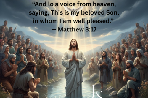 An artistic illustration depicting the baptism of Jesus. In the center, a man with long brown hair and a beard stands waist-deep in a river, his hands joined in prayer. Above him, a white dove descends from a break in dark, dramatic clouds, illuminated by bright, heavenly rays of light. Two large crowds of people in ancient, modest clothing stand on the rocky banks on either side, watching with expressions of reverence. At the top of the image, white text reads: "And lo a voice from heaven, saying, This Is my beloved Son, whim m am well pleesed. — Matthew 3:17 (KJV)." The overall style is cinematic and traditional, using warm light and earthy tones.