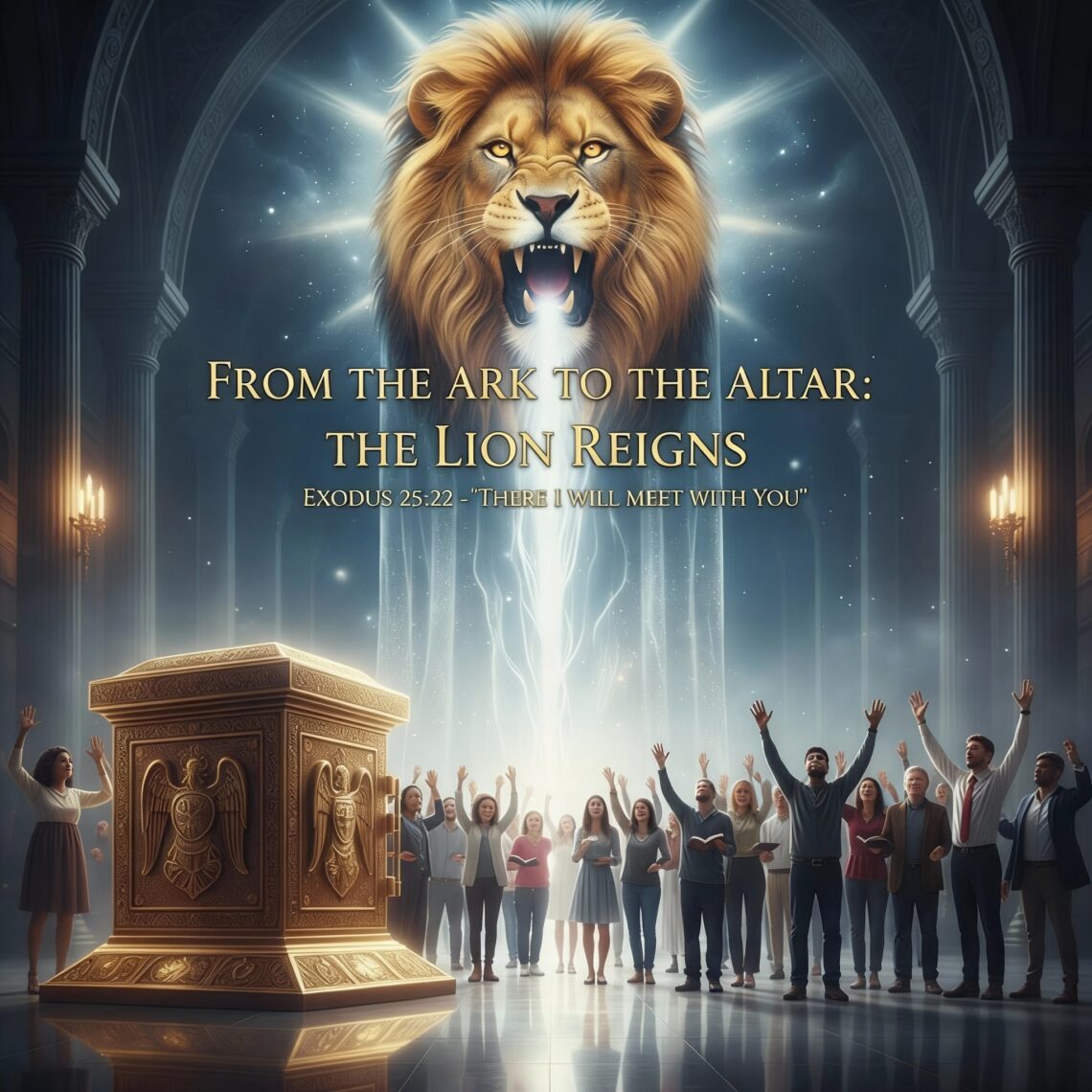 "A majestic Lion of Judah appearing in a beam of light above the golden Ark of the Covenant, with a diverse congregation in corporate worship representing Exodus 25:22."
