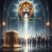 "A majestic Lion of Judah appearing in a beam of light above the golden Ark of the Covenant, with a diverse congregation in corporate worship representing Exodus 25:22."