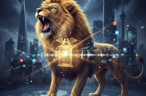 A powerful lion roaring over a modern city skyline representing the Lion’s Decree, with a glowing Ark of the Covenant and Mercy Seat at the center, symbolizing divine direction and hearing God’s voice amidst the noise of the world.