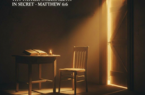 A peaceful, dimly lit room with a single chair and an open Bible, a warm light streaming from a cracked door, symbolizing private prayer and secret devotion.
