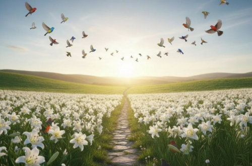 A breathtaking view of a field of wild lilies under a bright sun, with a narrow path winding through them toward a distant mountain, symbolizing God's provision and the command to seek His Kingdom first.