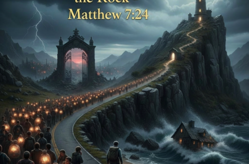 A powerful scene showing a sturdy stone house built high upon a massive rock cliff during a storm, with a narrow path leading to it, while below, a house on sand is being washed away by waves.